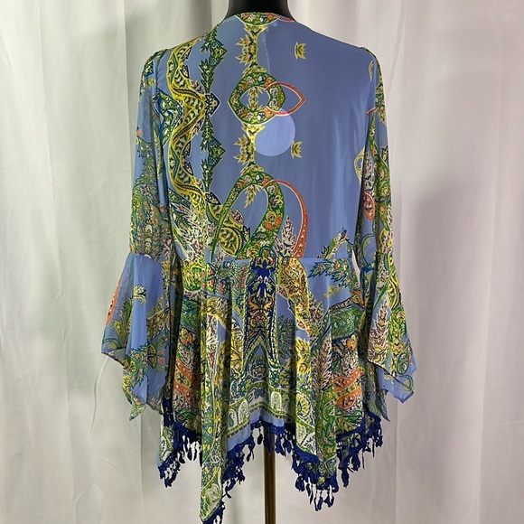 NWT Umgee Blue Multicolor Paisley Print Bell Sleeve Kimono Jacket - Picture 3 of 16